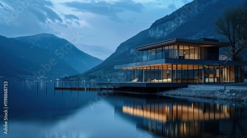 Modern house on lake shore with mountain backdrop in beautiful setting.