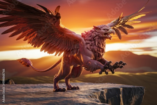 A majestic griffin, a mythical creature with lion's body and eagle's wings, perched on a cliff at sunset.