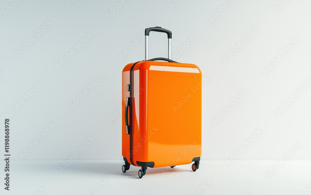 Shiny orange suitcase with a sleek design, standing on a clean white surface Shiny orange suitcase with a sleek design, standing on a clean white surface
