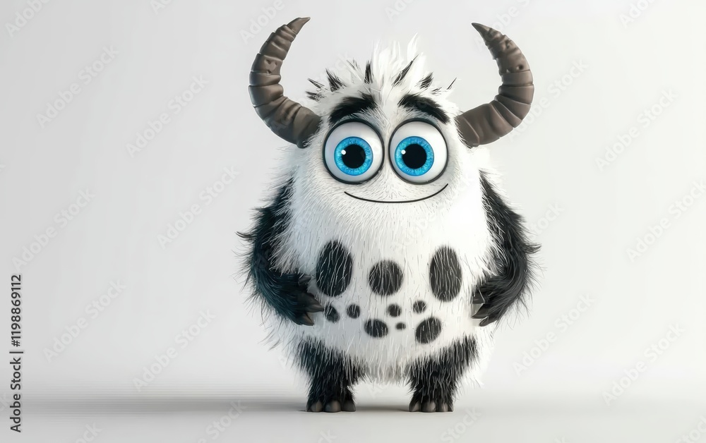 Naklejka premium 3D funny fluffy black-and-white spotted monster with horns and big blue eyes, cartoon character standing on a bright white background