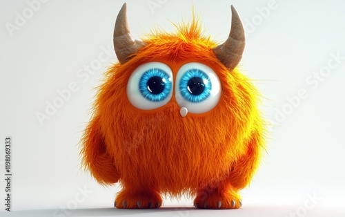 3D funny fluffy bright orange monster with horns and big blue eyes, cartoon character standing on a bright white background