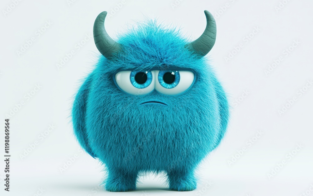 Fototapeta premium 3D funny fluffy cyan monster with horns and big blue eyes, cartoon character standing on a bright white background