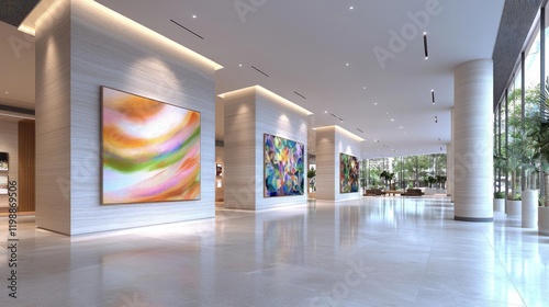 Modern building lobby art gallery, abstract paintings, polished floor, green outdoor view