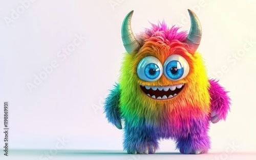 3D funny fluffy rainbow-colored monster with horns and big blue eyes, cartoon character standing on a bright white background