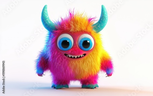 3D funny fluffy rainbow-colored monster with horns and big blue eyes, cartoon character standing on a bright white background