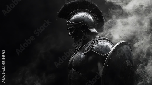 Spartan warrior ready for battle, clad in black and white armor, dark background with faint white smoke curling around