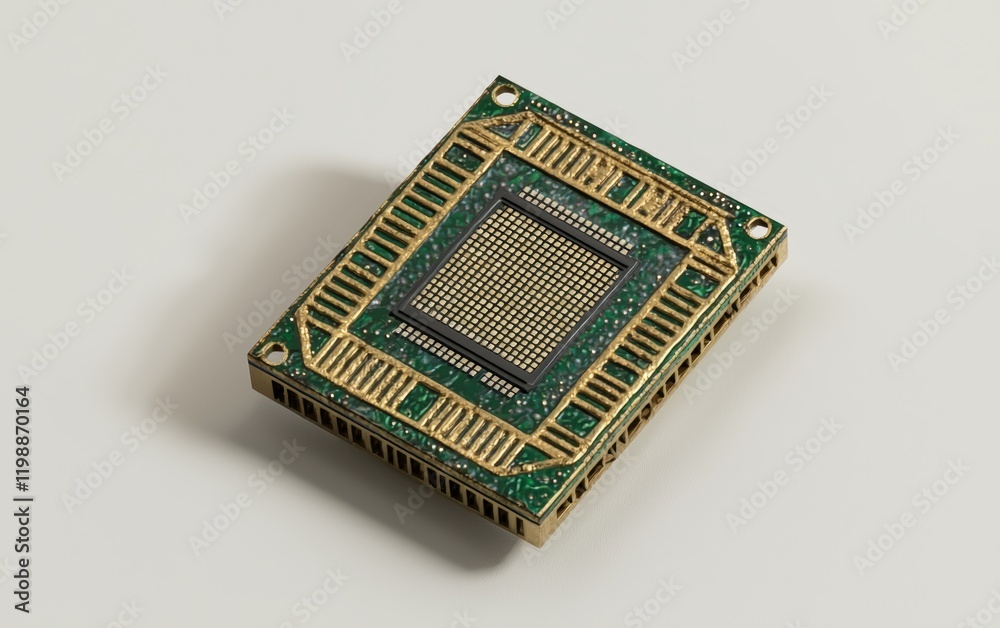 Single CPU chip with green and gold patterns, displayed on a neutral background Single CPU chip with green and gold patterns, displayed on a neutral background