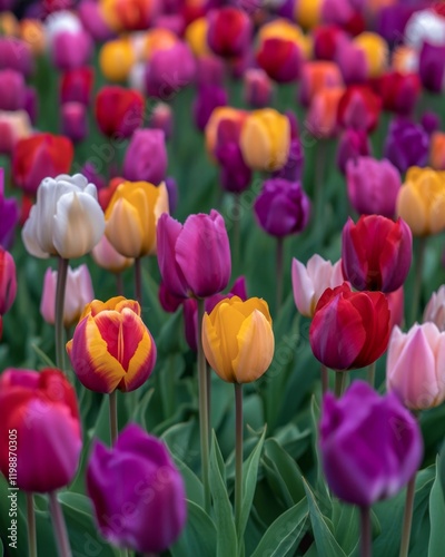 A vibrant tapestry of tulips in various hues. Spring blooms create a colorful garden scene. Each flower adds beauty to nature. Generative AI