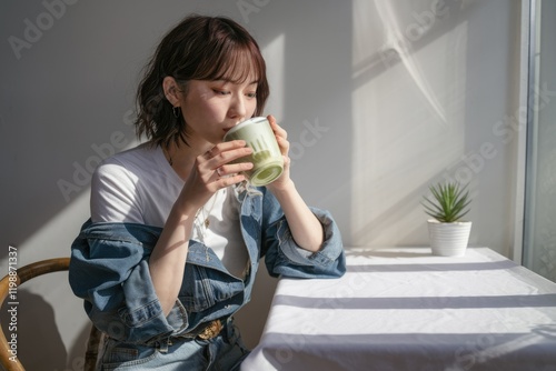 Young woman enjoys a cup of matcha latte in sunlight by the window.