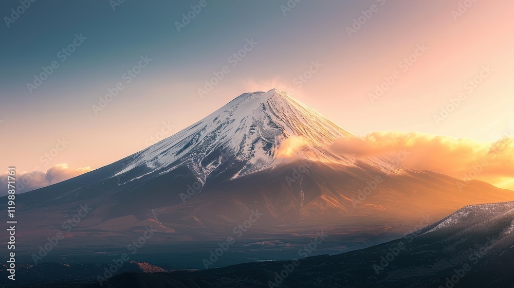Serene Dawn Light Illuminates Snow-Capped Mount Fuji Peak Serene Dawn Light Illuminates Snow-Capped Mount Fuji Peak