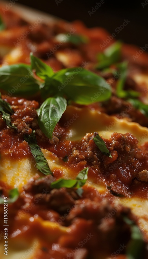 Hearty million dollar ravioli casserole in rustic dish with creamy ricotta and rich meat sauce Hearty million dollar ravioli casserole in rustic dish with creamy ricotta and rich meat sauce