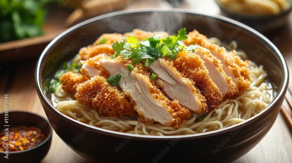 Inviting bowl of ramen with miso broth, tender chicken, and fresh garnishes in natural light Inviting bowl of ramen with miso broth, tender chicken, and fresh garnishes in natural light