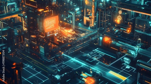 Futuristic Digital Cityscape Illuminated With Neon Lights photo