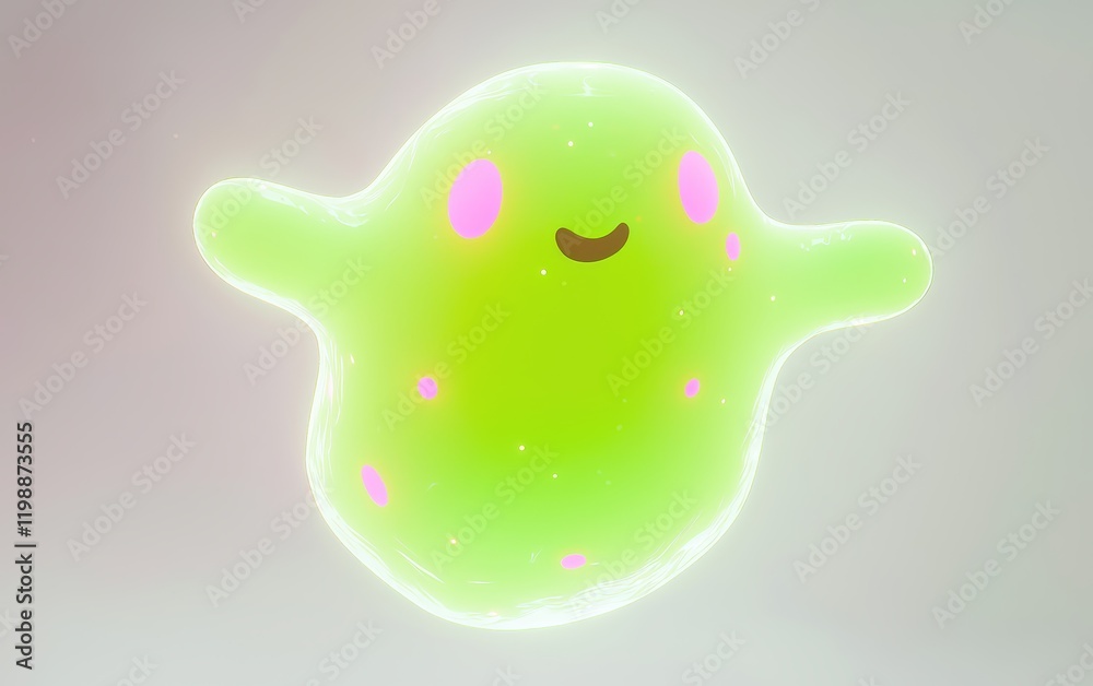 A glowing neon green 3D monster with a smooth belly, a small navel, and electric pink polka dots, floating slightly above a white backdrop A glowing neon green 3D monster with a smooth belly, a small navel, and electric pink polka dots, floating slightly above a white backdrop