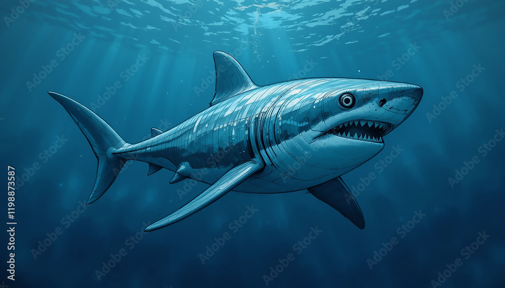 Fototapeta premium Great White Shark Underwater: Majestic great white shark swimming in deep blue ocean water, sun rays illuminating the scene. A powerful predator in its natural habitat.