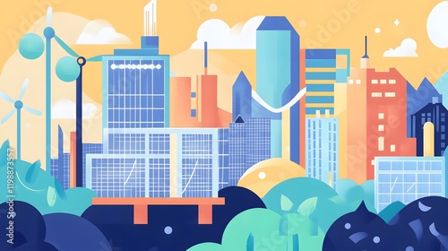 Modern Eco Cityscape Featuring Sustainable Buildings and Wind Turbines