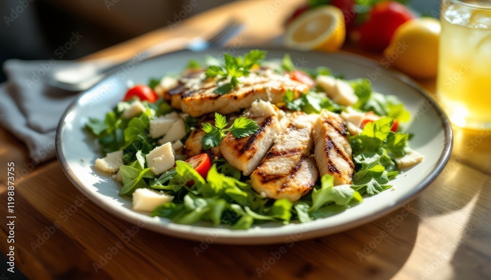 Grilled Chicken Salad: A fresh and vibrant grilled chicken salad is ready to be enjoyed. It's a delicious and healthy meal option, perfect for a summer lunch or dinner. Grilled Chicken Salad: A fresh and vibrant grilled chicken salad is ready to be enjoyed. It's a delicious and healthy meal option, perfect for a summer lunch or dinner.