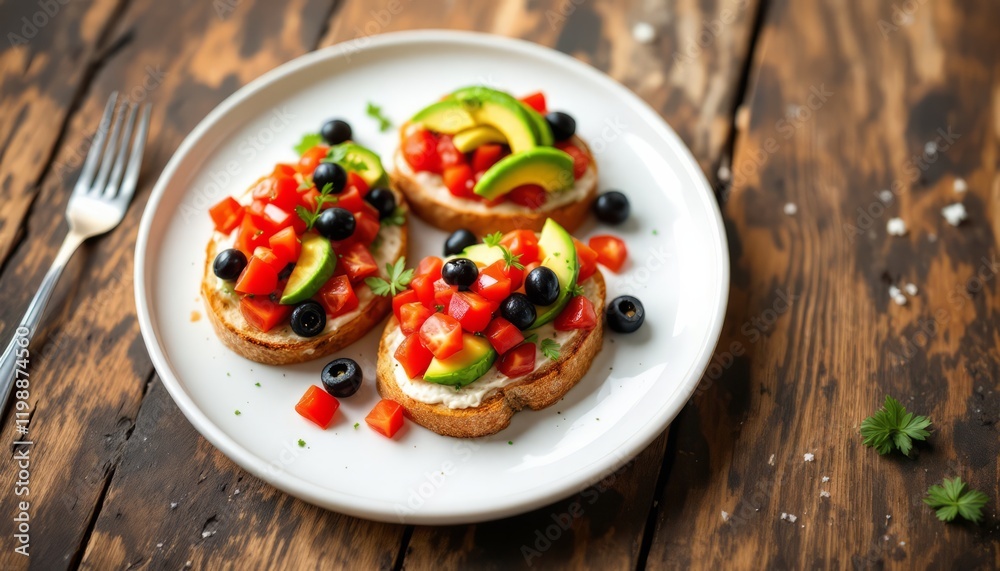 Avocado Tomato Bruschetta: Three slices of toasted bread topped with creamy avocado, juicy diced tomatoes, and Kalamata olives, creating a vibrant and healthy appetizer or light meal. Avocado Tomato Bruschetta: Three slices of toasted bread topped with creamy avocado, juicy diced tomatoes, and Kalamata olives, creating a vibrant and healthy appetizer or light meal.