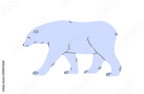 Cute big white bear walks side view. Furry polar animal of North Pole strolls. Adorable beast of frost tundra steps, funny character of fauna of Antarctica goes. Flat isolated vector illustration