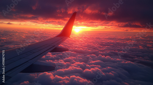 Sunset view from airplane wing above fluffy clouds during evening flight