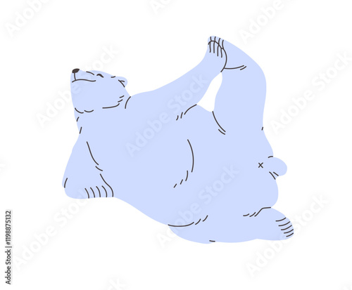 Happy polar bear training, stretching. Big white animal of North Pole, Antarctica, tundra lying and does workout. Cute arctic furry character does sports exercises. Flat isolated vector illustration