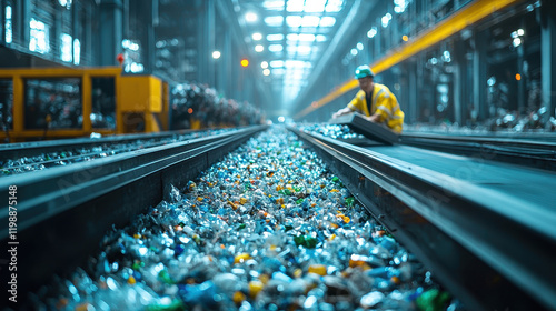 Worker operates advanced sorting machine in a busy recycling plant with conveyor belts