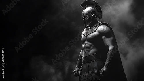 Spartan warrior in a defensive stance, black and white armor reflecting dim light, black background with subtle white smoke