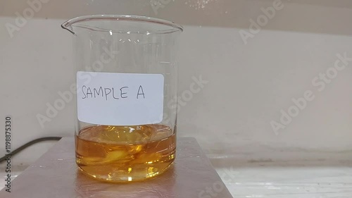 Laboratory Glass Beaker with Orange Liquid Sample A on a Magnetic Stirrer 