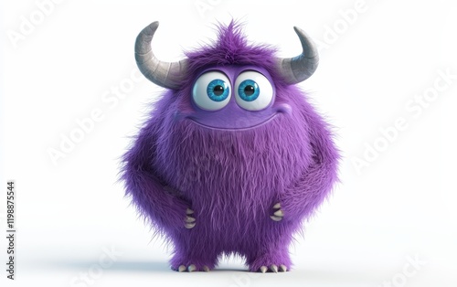 3D funny fluffy bright purple monster with horns and big blue eyes, cartoon character standing on a bright white background
