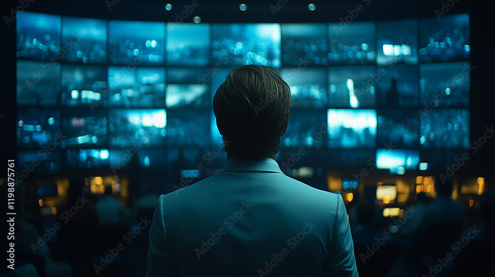 Surveillance Specialist: A lone figure, back to the camera, stands before a massive wall of interconnected screens displaying a multitude of scenes, suggesting a role in security, surveillance. Surveillance Specialist: A lone figure, back to the camera, stands before a massive wall of interconnected screens displaying a multitude of scenes, suggesting a role in security, surveillance.