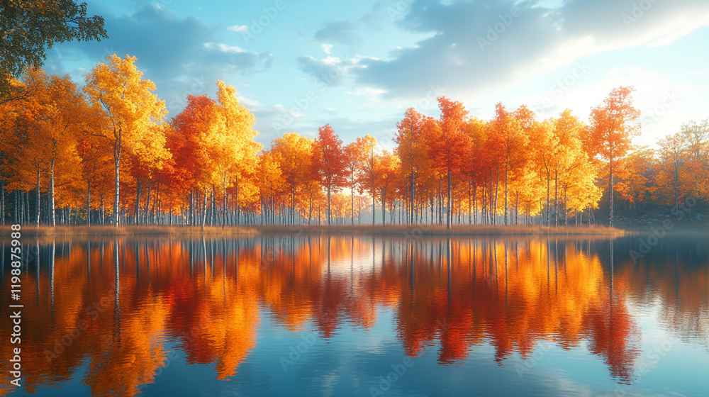 Obraz premium Autumn trees reflecting in calm water during a clear day in a tranquil forest