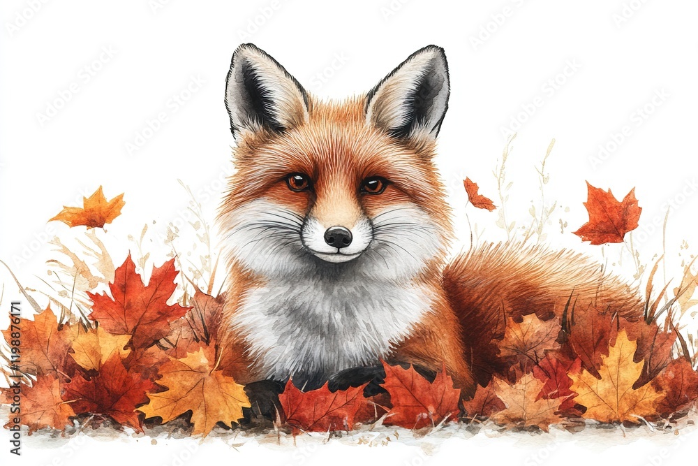 Fototapeta premium A charming illustration of a fox surrounded by colorful autumn leaves.