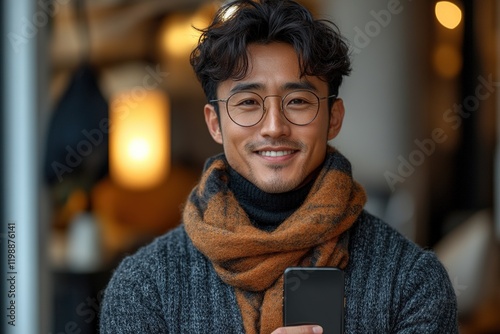 A smiling man in glasses holds a smartphone, dressed warmly in a cozy setting.