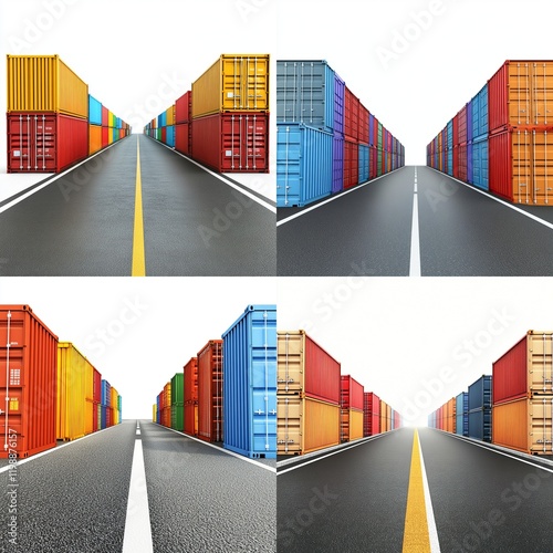 Four road perspectives lined with colorful shipping containers. photo