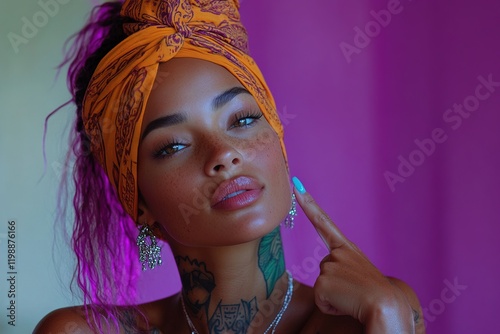 A portrait of a woman with vibrant hair and accessories, showcasing beauty and confidence.
