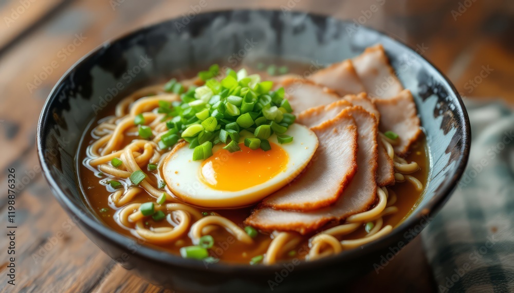 Rich Tonkotsu Ramen Bowl: A steaming bowl of tonkotsu ramen, featuring tender chashu pork, a perfectly soft-boiled egg, and spring onions, sits on a rustic wooden table. Rich Tonkotsu Ramen Bowl: A steaming bowl of tonkotsu ramen, featuring tender chashu pork, a perfectly soft-boiled egg, and spring onions, sits on a rustic wooden table.