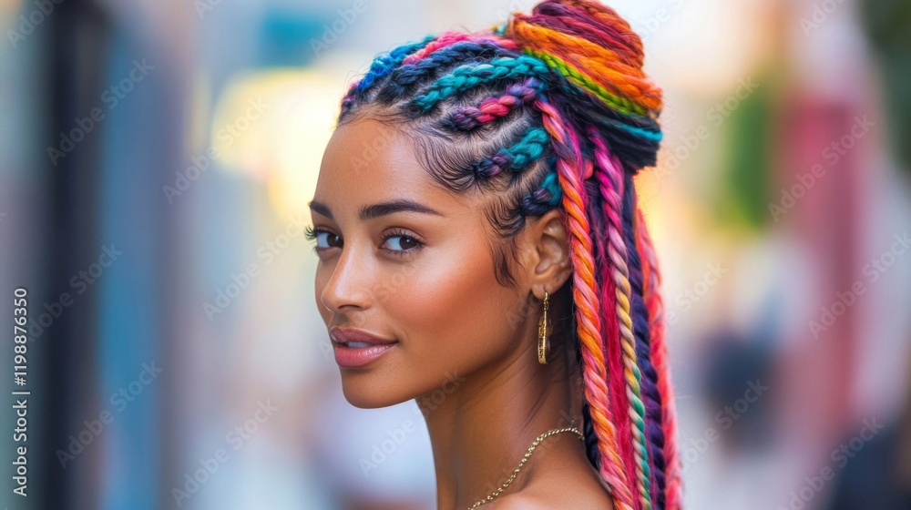 Fototapeta premium Portrait of a young woman with vibrant rainbow braids