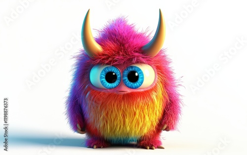 3D funny fluffy rainbow-colored monster with horns and big blue eyes, cartoon character standing on a bright white background