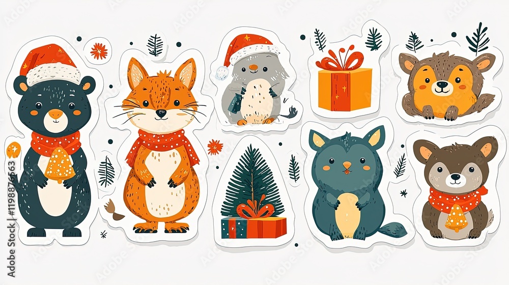 custom made wallpaper toronto digitalA collection of cute animal stickers in winter attire, perfect for holiday decorations.