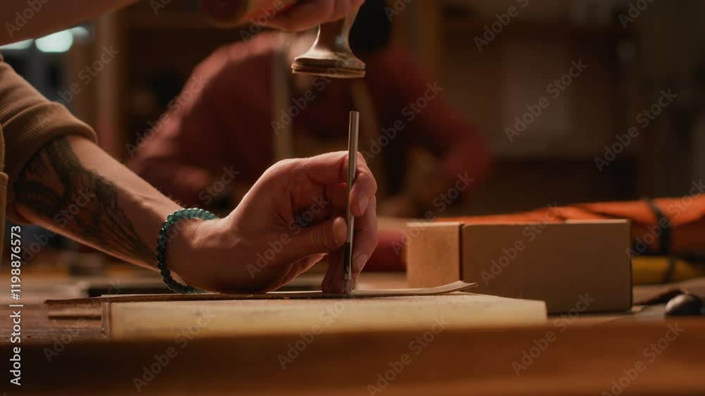 Cropped shot of unrecognizable skillful tanner with tattooed arm using punch tool making leather bag detail working in studio in small scale traditional handmade industry
