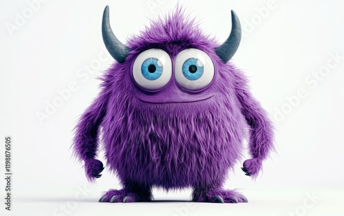 3D funny fluffy violet monster with horns and big blue eyes, cartoon character standing on a bright white background