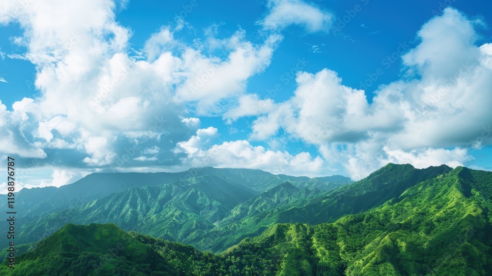 Fototapeta premium Beautiful panoramic view of lush green mountains and soft clouds.