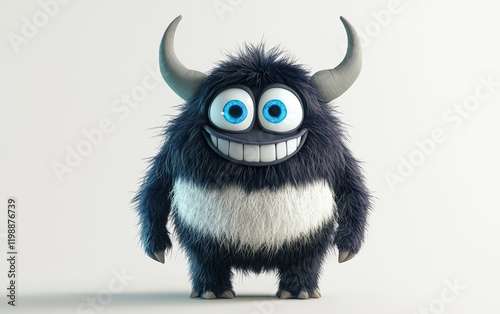 3d smiled and funny Fluffy bright monster with horns and big blue eyes, cartoon charachter standing on a bright white background photo