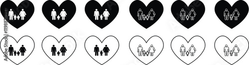 Family greeting icon set in flat and line style. Person gesture black vector collection isolated on transparent background. People leader business concept. Child custody symbol. Washroom Accessibility