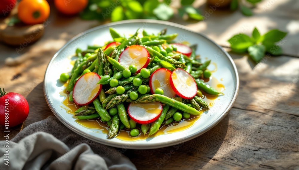 Spring Vegetable Salad: A vibrant spring vegetable salad featuring fresh asparagus, peas, and radish, tossed in a light vinaigrette. The dish is presented on a rustic wooden table, bathed in warm. Spring Vegetable Salad: A vibrant spring vegetable salad featuring fresh asparagus, peas, and radish, tossed in a light vinaigrette. The dish is presented on a rustic wooden table, bathed in warm.