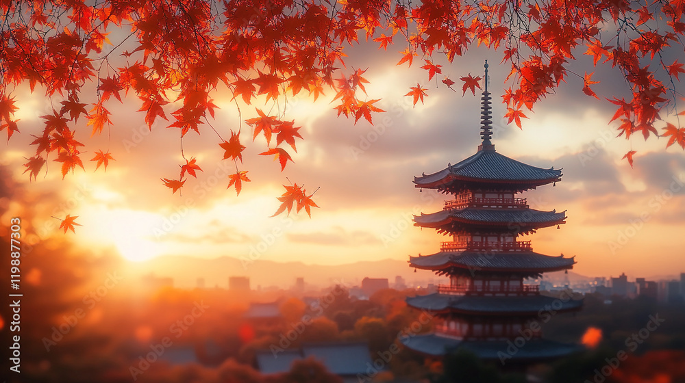 Obraz premium Beautiful sunset over a traditional pagoda surrounded by autumn leaves in Japan