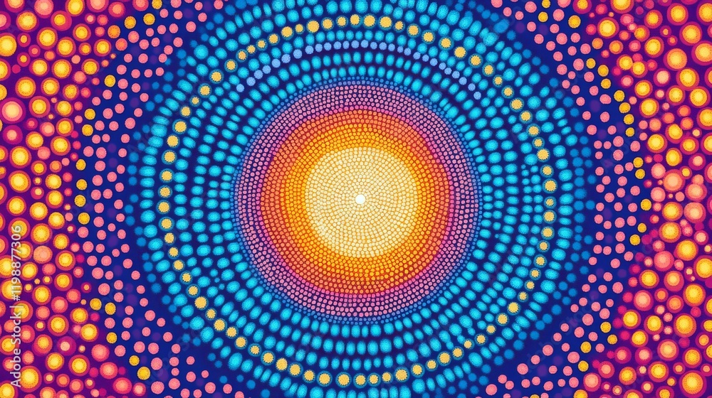 Hypnotic circular pattern of graduated dots, spiritual mandala with precise geometric spacing, psychedelic color flow from outer royal blue through hot pink orange yellow to aqua center, digital Hypnotic circular pattern of graduated dots, spiritual mandala with precise geometric spacing, psychedelic color flow from outer royal blue through hot pink orange yellow to aqua center, digital