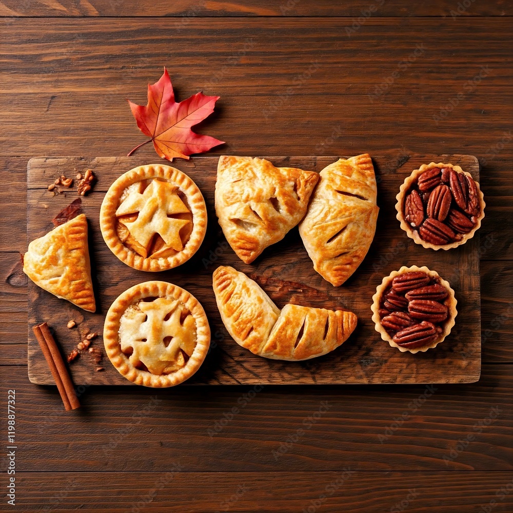 Fototapeta premium A rustic pie-themed board with mini pumpkin pies, pecan tarts, and apple turnovers. with autumn leaves, cinnamon sticks, and a wooden table .