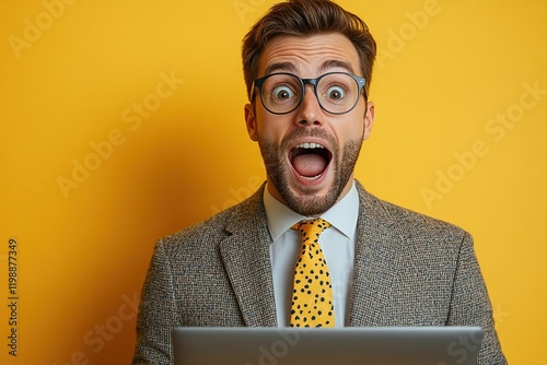 A surprised man in a suit and glasses looks at a laptop against a yellow background.