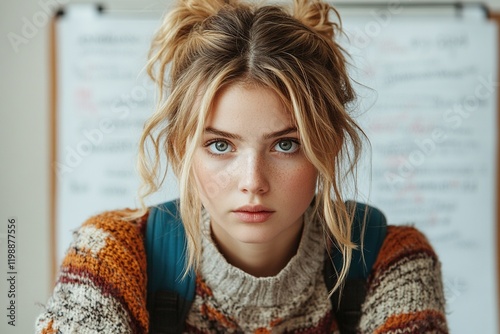 A young woman with a thoughtful expression, wearing a cozy sweater, in a classroom setting.
